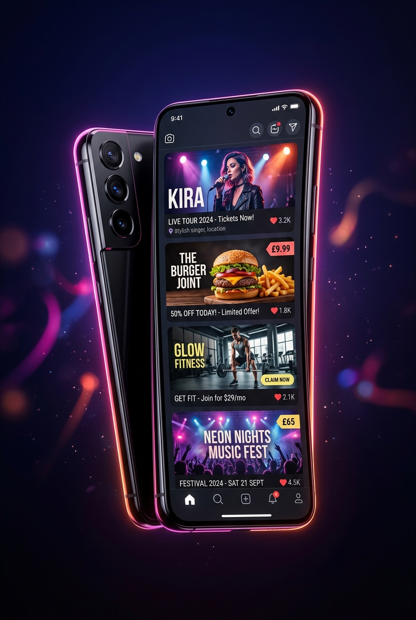 VIZADZ app feed showing local ads